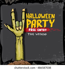 Halloween vector illustration with rock n roll zombie hand and halloween objects. vector halloween party creative concept invitation or poster. halloween cartoon banner.