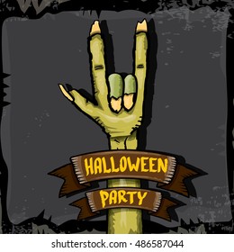 Halloween vector illustration with rock n roll zombie hand and halloween objects. vector halloween party creative concept invitation or poster. halloween cartoon banner.