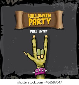 Halloween vector illustration with rock n roll zombie hand and halloween objects. vector halloween party creative concept invitation or poster. halloween cartoon banner.