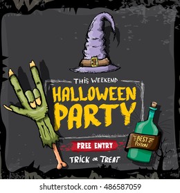 Halloween vector illustration with rock n roll zombie hand and halloween objects. vector halloween party creative concept invitation or poster. halloween cartoon banner.