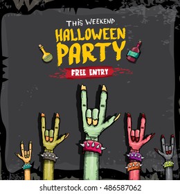 Halloween vector illustration with rock n roll zombie hand and halloween objects. vector halloween party creative concept invitation or poster. halloween cartoon banner.