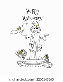 Halloween, vector illustration. Scarecrow garden with a head in the form of a pumpkin. Cheerful pumpkin in clothes and a hat. Lettering, text Happy Halloween! Vector illustration in doodle style.