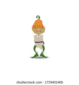 Halloween vector illustration. Scarecrow pumpkin on a white background in a dressing suit and a mask on his face.