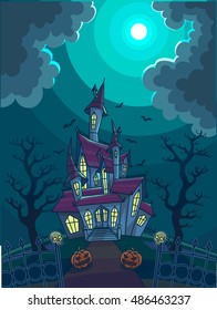 Halloween vector illustration with scary house, moon and pumpkin. Background with haunted house to dark night. Horror and creepy landscape.