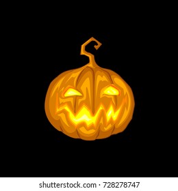 Halloween vector illustration of scary pumpkin jack lantern with  glowing face on black background
