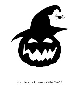 Halloween vector illustration of scary pumpkin jack face in witch hat black silhouette isolated on white  background. 