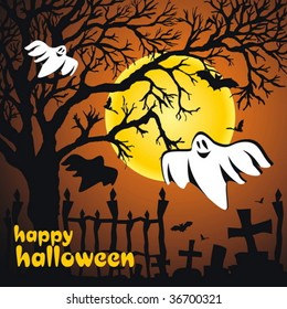 Halloween vector illustration scene, with moon, spooky, bat and tree.