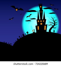 Halloween vector illustration - a scenery which contains castle, bats, leafless tree, graveyard and the girl in black tone midnight with the bright moon.
