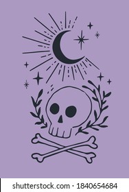 Halloween Vector Illustration with Scull and Cross-bones, Flowers, Moon and Stars on Violet Background. Hand Drawn Simple Design. Ideal for Posters , Cards, Room Decoration.