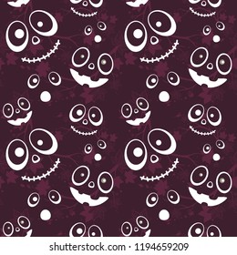 Halloween vector illustration. Seamless pattern with scary faces and skulls on violet background. Template for fabric, textile and holiday decoration.
