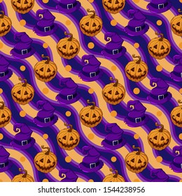 Halloween vector illustration seamless pattern for flyer, poster, wrapping for holiday party. Illustration of orange pumpkins and purple witch hats on colored curved lines