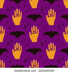 Halloween vector illustration seamless pattern with bat, magic hands with jewelry