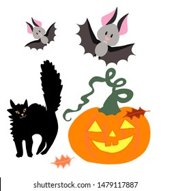 Halloween vector illustration set black cat, bats and pumpkin lantern