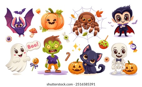 Conjunto de Ilustración vectorial de Halloween con lindo vampiro, fantasma, zombi, murciélago, araña, gato, esqueleto, calabazas y dulces