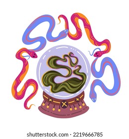 Halloween vector illustration. Set with fortune teller crystal ball, snakes. Posters and prints for tee, flat art, cartoon style