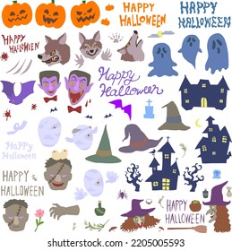 Halloween vector illustration set. Jack-o-Lantern, Vampire, Werewolf, Ghost, Frankenstein's Monster, Mummy Man, Witch, Creepy Mansion and more. And the letters "Happy Halloween".