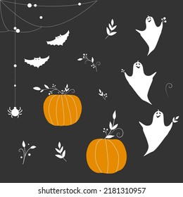 Ilustración vectorial de Halloween. Calabazas, fantasma, araña, murciélagos. 