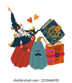Halloween vector illustration. Set with pumpkins, spell books, witch hat. Posters and prints for tee, flat art, cartoon style