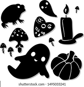Halloween vector illustration set with simple objects. Set includes pumpkin, frog, ghost, mushroom, candle and ouija board planchette. Halloween objects. Black objects isolated on a white background
