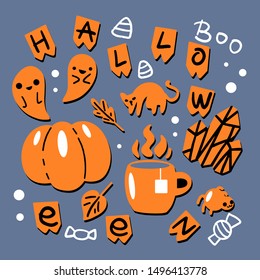 Halloween vector illustration set with simple objects. Set includes pumpkin, cup, cat, spider, ghost, crystals. Halloween objects. Orange Halloween objects 