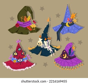Halloween vector illustration. Set with witch hats. Posters and prints for tee, flat art, cartoon style
