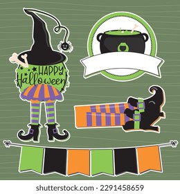 Halloween Vector Illustration Set with Witch Legs, Cauldron, Banners and Texts for Your Halloween Decorations, Invitations, Crafts and Scrapbooking Projects.