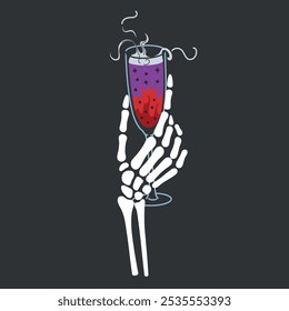 Halloween vector illustration of skeleton hand holding mystical shimmering potion in wine glass, with spooky steam rising, perfect for horror party designs and magical themes. Flat cartoon style