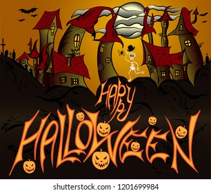 Halloween vector illustration, skeleton welcomes and wishes Happy Halloween on the background of midnight city of ghosts