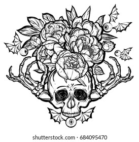 Halloween. Ilustración vectorial. Cráneo, huesos, peonías. Hecho a mano, estampados en camisetas, fondo blanco, tatuajes