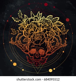 Halloween. Vector illustration. Skull, bones, peonies. Handmade, prints on T-shirts, background chalkboard. tattoos,Red yellow color,sacred geometry