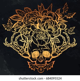 Halloween. Vector illustration. Skull, bones, peonies. Handmade, prints on T-shirts, background chalkboard, tattoos. gold color