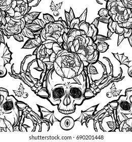 Halloween. Vector illustration. Skull, bones, peonies. Handmade, prints on T-shirts, background white, tattoos. seamless pattern
