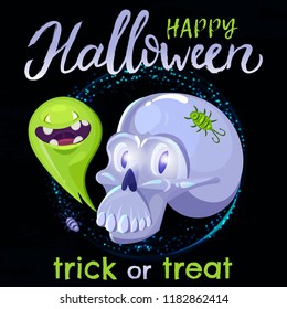 Halloween vector illustration with skull and ghost. Lettering Happy Halloween and Trick or treat.  Can use for party invitation, greeting card, banner, web, kids zone.