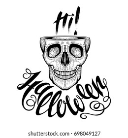 Halloween vector illustration with a skull. Hand drawn design for a card, print, label, poster, emblem, textile, cloth, paper.