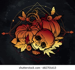 Halloween. Vector illustration. Skull, leaves, pumpkin. Handmade, prints on T-shirts, background chalkboard, tattoos,sacred geometry. Red yellow color