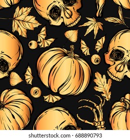 Halloween. Vector illustration. Skull, leaves, pumpkin. Handmade, prints on T-shirts, background dark, tattoos. gold color. seamless pattern