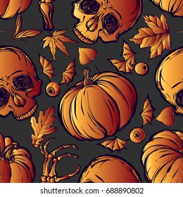 Halloween. Vector illustration. Skull, leaves, pumpkin. Handmade, prints on T-shirts, background gray, tattoos,Red yellow color. seamless pattern