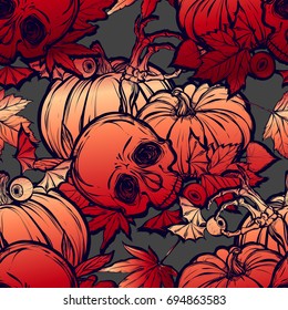 Halloween. Vector illustration. Skull, leaves, pumpkin. Handmade, prints on T-shirts, background gray, tattoos,Red, pink, yellow color. seamless pattern