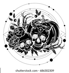 Halloween. Vector illustration. Skull, leaves,peony, pumpkin. Handmade, prints on T-shirts, background white, tattoos, black color