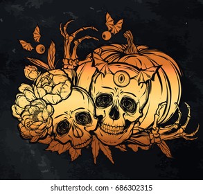 Halloween. Vector illustration. Skull, leaves,peony, pumpkin. Handmade, prints on T-shirts, background chalkboard, tattoos. gold color