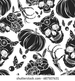Halloween. Vector illustration. Skull, leaves,peony, pumpkin. Handmade, prints on T-shirts, background white, tattoos, black color. seamless pattern