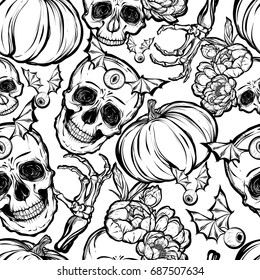 Halloween. Vector illustration. Skull, leaves,peony, pumpkin. Handmade, prints on T-shirts, background white, tattoos. seamless pattern