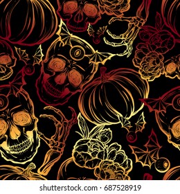 Halloween. Vector illustration. Skull, leaves,peony, pumpkin. Handmade, prints on T-shirts, background dark, tattoos,Red yellow color. seamless pattern