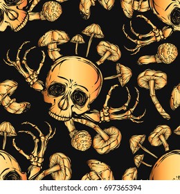 Halloween. Vector illustration. Skull, mushrooms, bones. Handmade, prints on T-shirts, background black, tattoos, Gold colors, seamless pattern