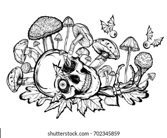 Halloween. Vector illustration. Skull, mushrooms, bones, leaves, Handmade, prints on T-shirts, background white, tattoos