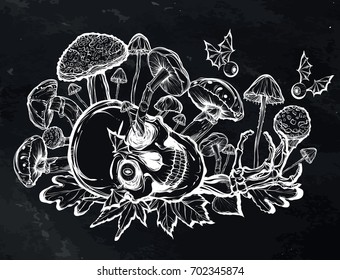 Halloween. Vector illustration. Skull, mushrooms, bones, leaves, Handmade, prints on T-shirts, background chalkboard, tattoos