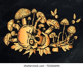 Halloween. Vector illustration. Skull, mushrooms, bones, leaves, Handmade, prints on T-shirts, background chalkboard, tattoos. gold color