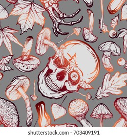 Halloween. Vector illustration. Skull, mushrooms, bones, leaves, Handmade, prints on T-shirts, background gray, tattoos. seamless pattern, Orange claret color