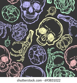 Halloween. Vector illustration. Skull, peony, bones.Handmade, prints on T-shirts, background gray, tattoos. Yellow, green, red, blue color. seamless pattern