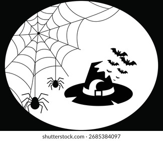 "Halloween vector illustration with spider web, bats, and witch hat"